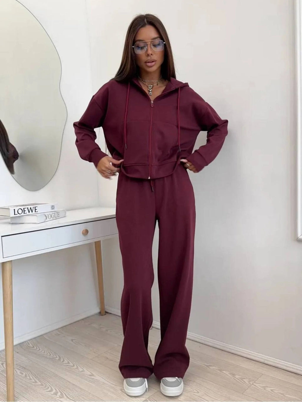 Damen nan weite Highwaist-Loungehose aus Sweatstoff mit Kordelzug und Eingrifftaschen
