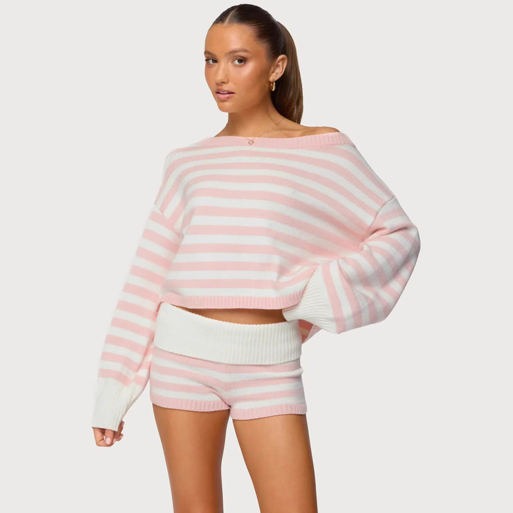 Damen nan kurz geschnittener Off-Shoulder Cropped Strickpullover mit weitem Fledermausärmel