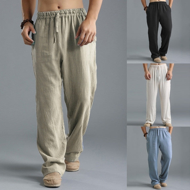 Herren nan lässige Leinenhose mit elastischem Bund, Kordelzug und geradem Bein