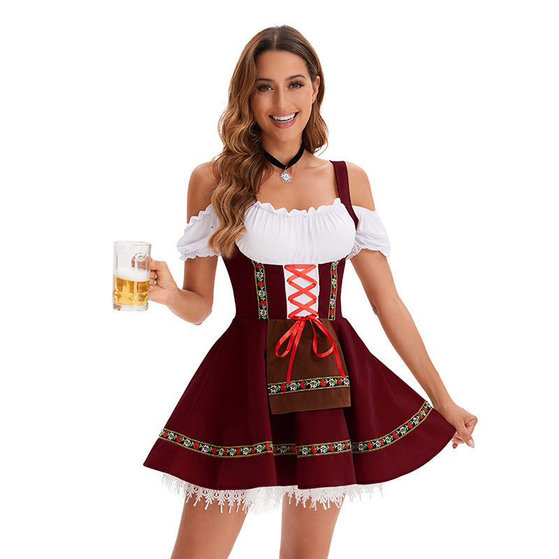 Damen nan traditionelles Oktoberfest Dirndl Minikleid mit Schnürung und abnehmbarer Schürze