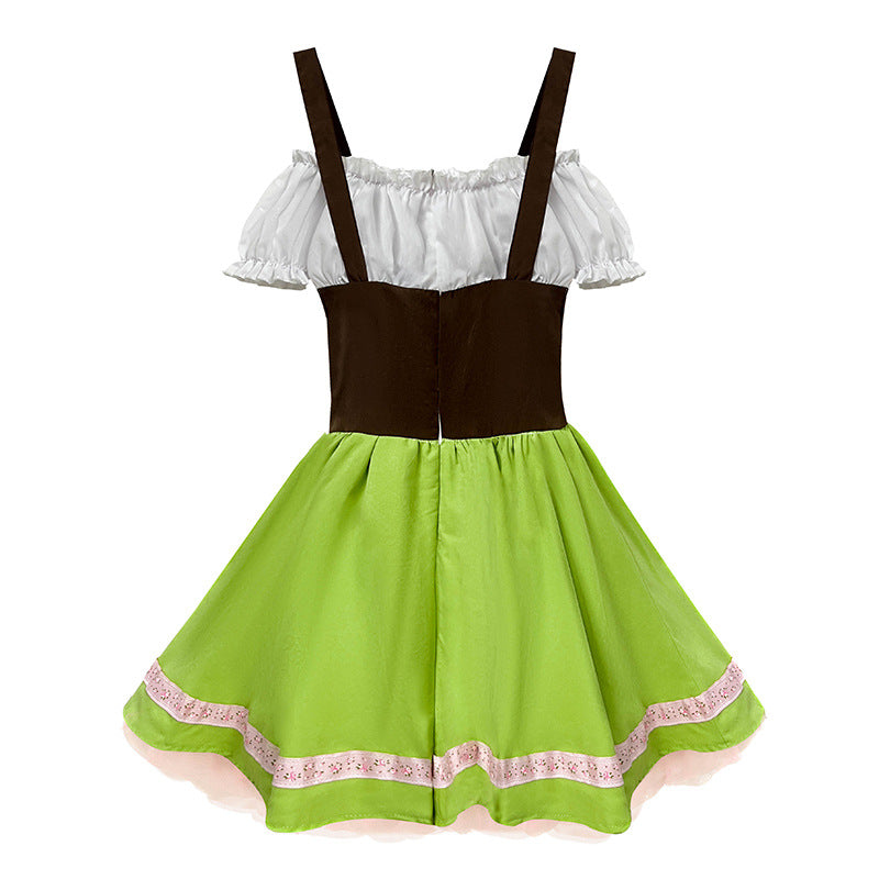 Damen nan verspieltes Trachtenkleid mit Carmen-Ausschnitt, Korsagen-Optik, Trägern und rüschiger Schürze