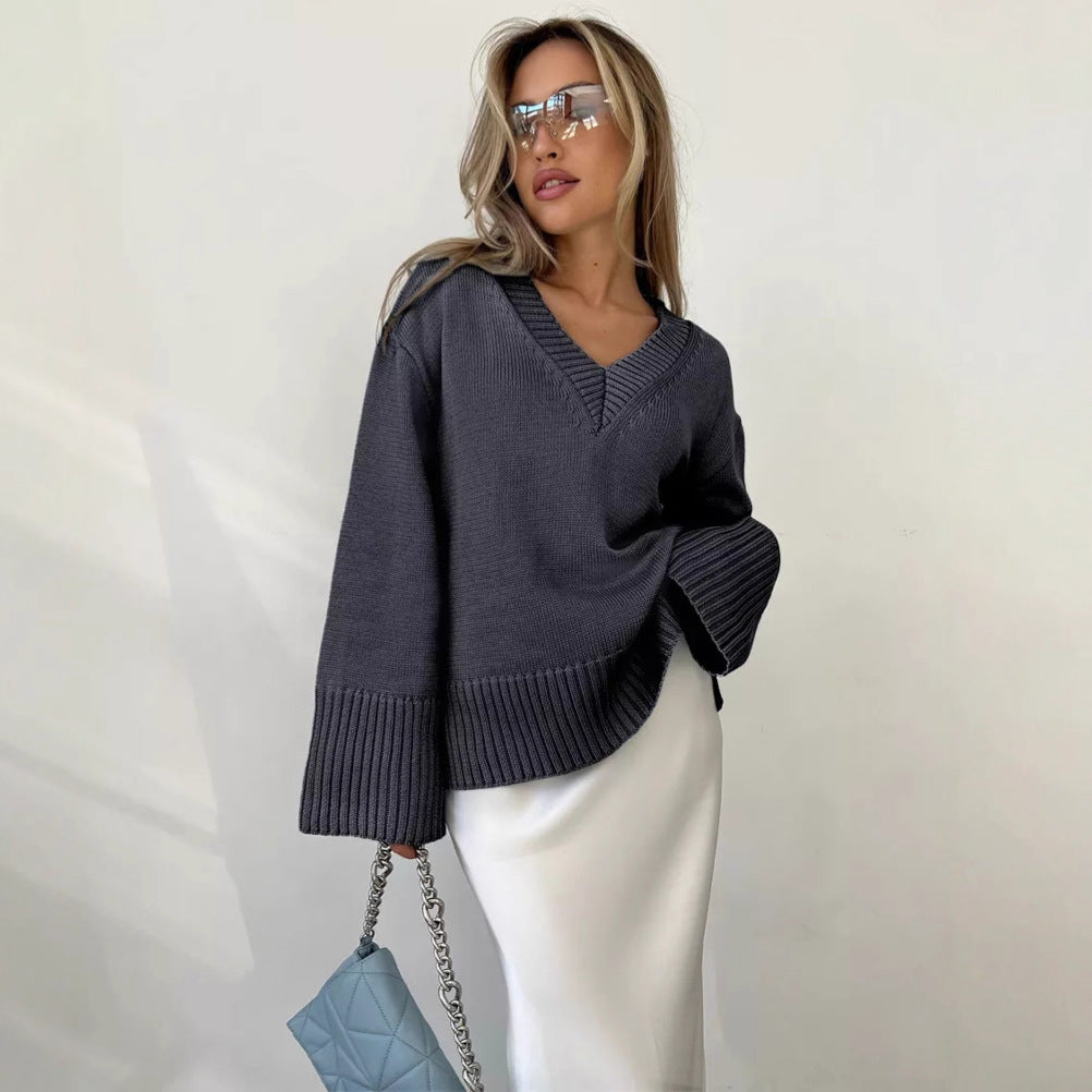 Damen nan oversized Feinstrickpullover mit tiefem V-Ausschnitt, gerippten Bündchen und lockerer Silhouette