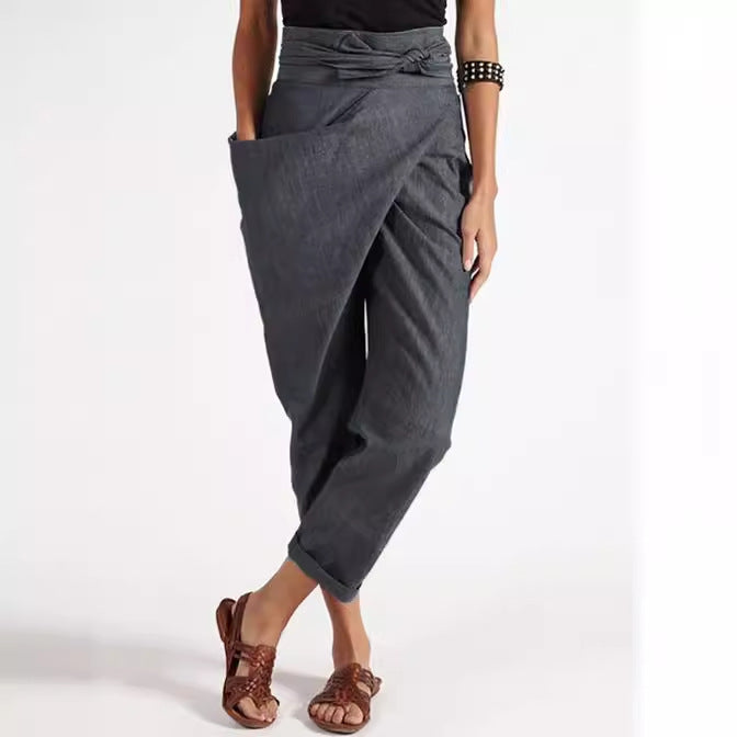 Damen nan Wickelhose aus Leinenmix mit hohem Taillenbund, überlappender Vorderseite und großzügiger Eingrifftasche