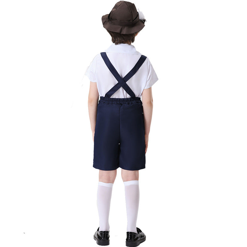 Unisex nan festliche Kinderhose mit verstellbaren Hosenträgern und Ziergürtel