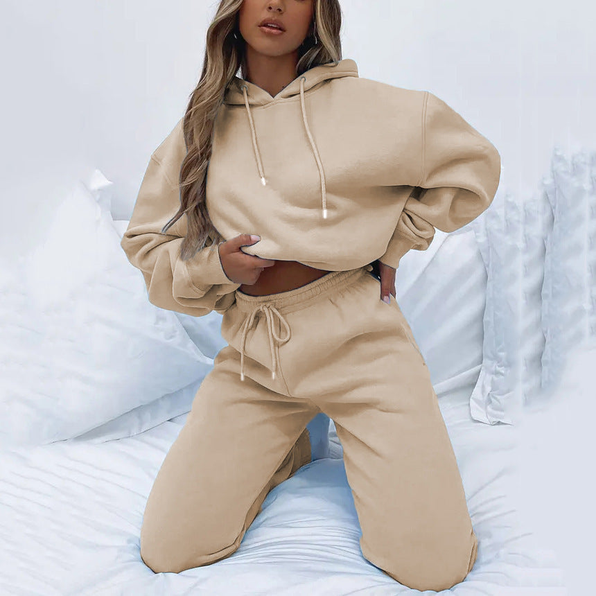 Damen nan Cropped Kapuzenjacke und High-Waist Jogginghose Set aus French Terry mit elastischem Bund
