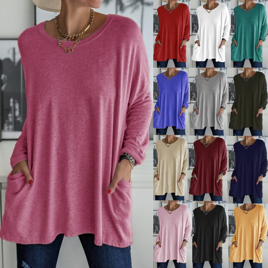 Damen nan oversized Longsleeve-Tunika mit Rundhalsausschnitt, überschnittener Schulter und aufgesetzten Taschen