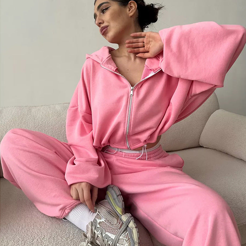 Damen nan cropped Reißverschluss-Hoodie mit Tunnelzugsaum und weitem Sweatpants-Schnitt