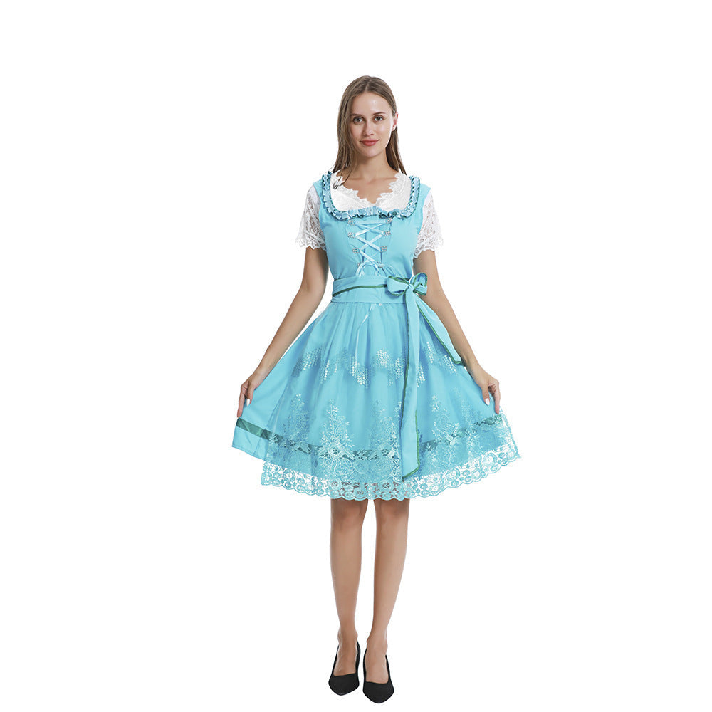Damen nan romantisches Alpenkleid mit geschnürtem Mieder, Spitzeneinsatz und Taillenschärpe