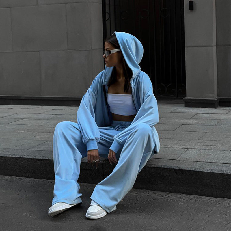 Damen nan luxuriöses Velours-Zweiteiler Set mit kurzem Reißverschluss-Hoodie und weiten Highwaist-Loungehosen