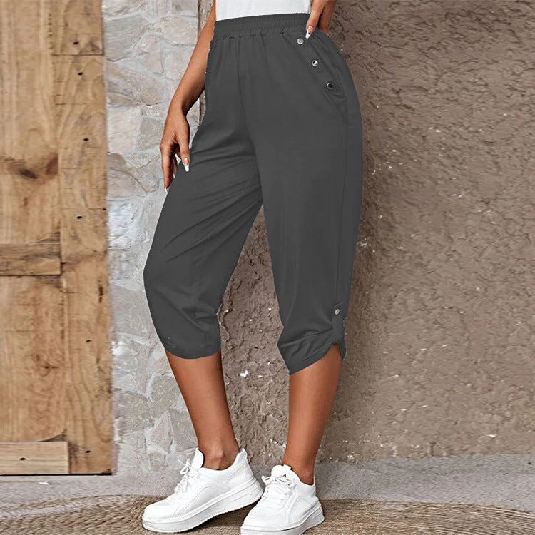 Damen nan lässige dreiviertellange Hose mit elastischem Bund, Eingrifftaschen und krempelbarem Saum