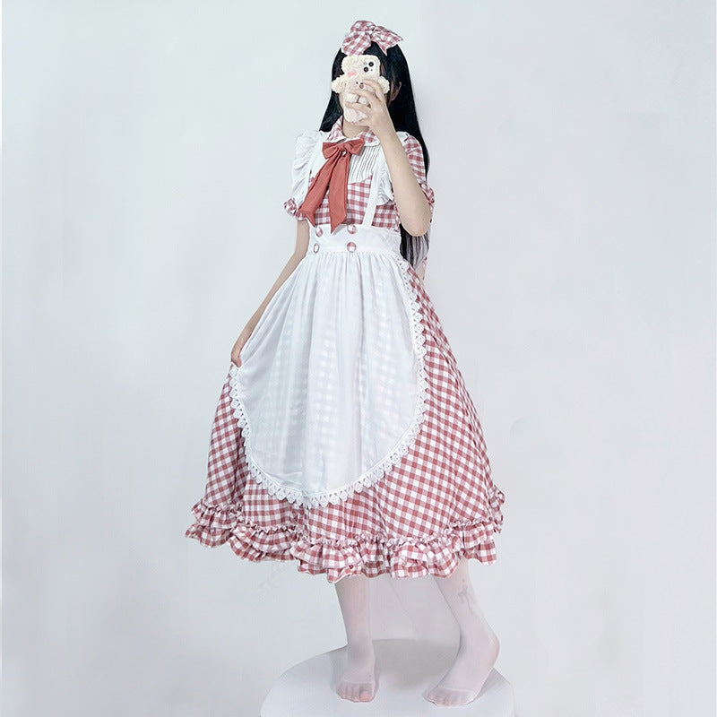 Damen nan vintage-inspiriertes Lolita-Kleid mit Karomuster Volants und abnehmbarer Schürze