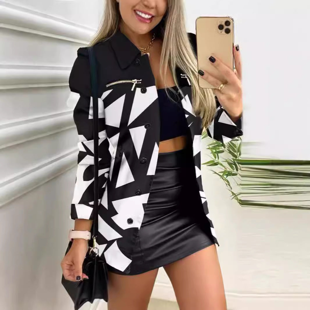 Damen nan gemusterter Blazer mit geometrischem Print, Reißverschlusstasche und durchgehender Knopfleiste