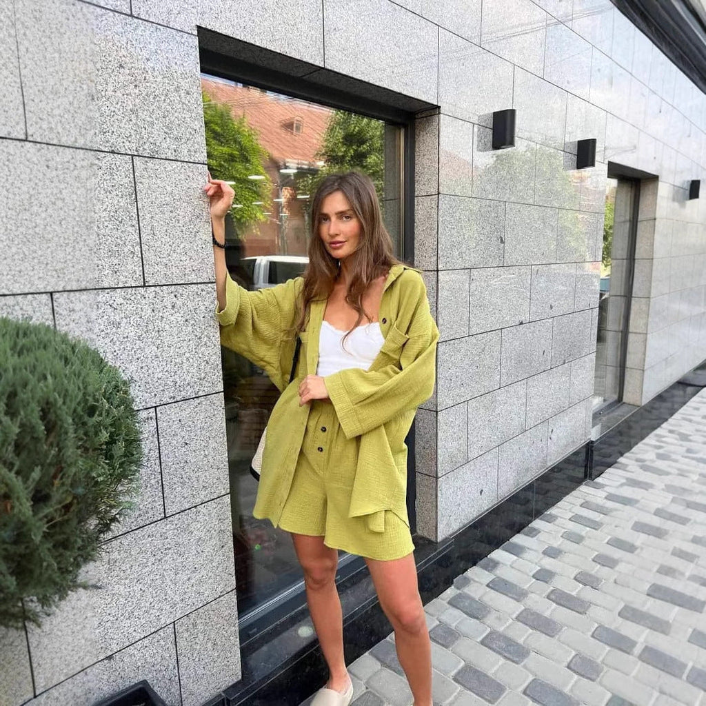 Damen nan lässiges Musselin-Zweiteiler Set mit Oversize-Hemd und elastischer Highwaist-Shorts