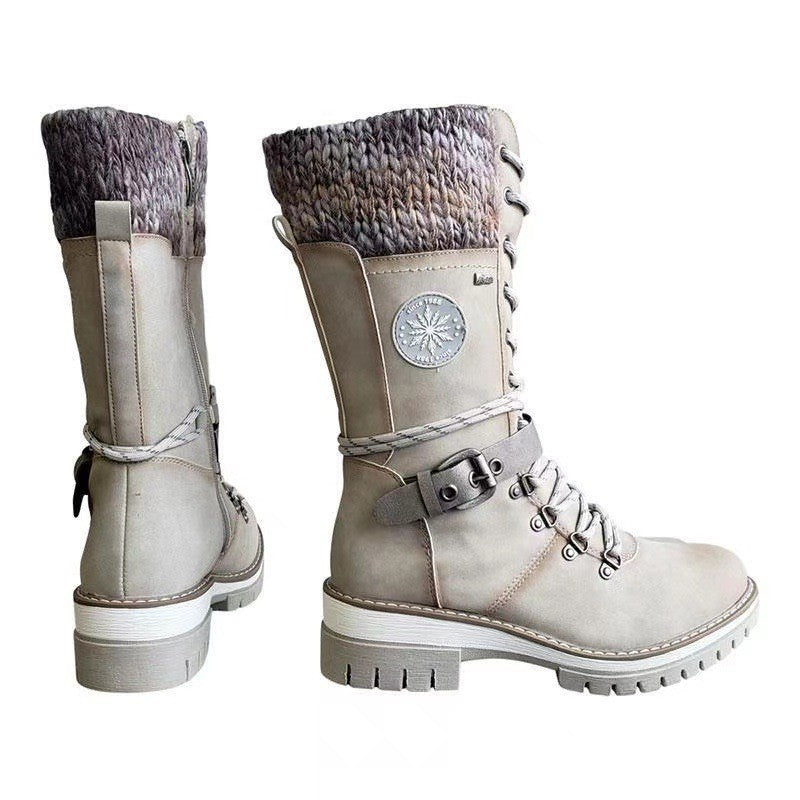 Damen nan gefütterte Schnürstiefel mit gestricktem Schaftbund, dekorativem Schnallenriemen und profilierter Gummisohle