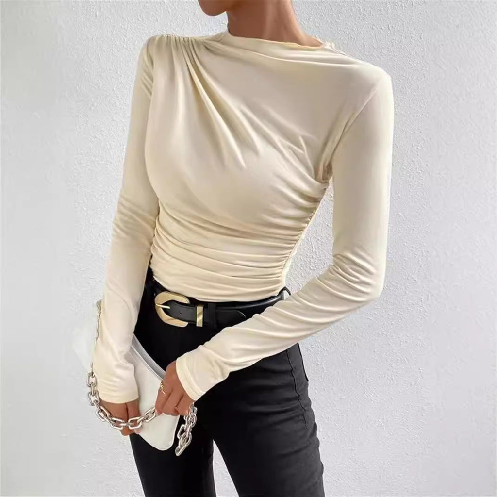 Damen nan gerafftes Langarmshirt mit asymmetrischem U-Boot-Ausschnitt und figurbetonter Silhouette
