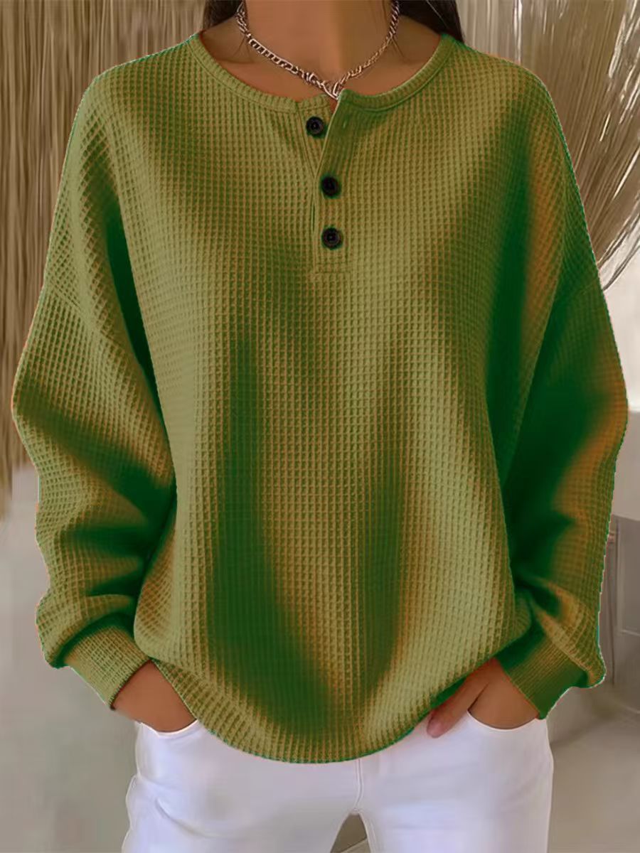 Damen nan Oversized Waffelstrick Henley-Pullover mit Knopfleiste und abgerundetem Saum