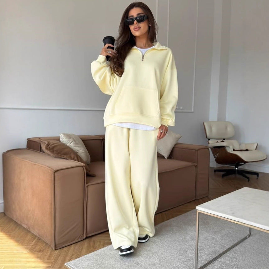 Damen nan weites Halfzip-Lounge-Set mit Kapuzenpullover, Kängurutasche und fließender Wide-Leg-Hose