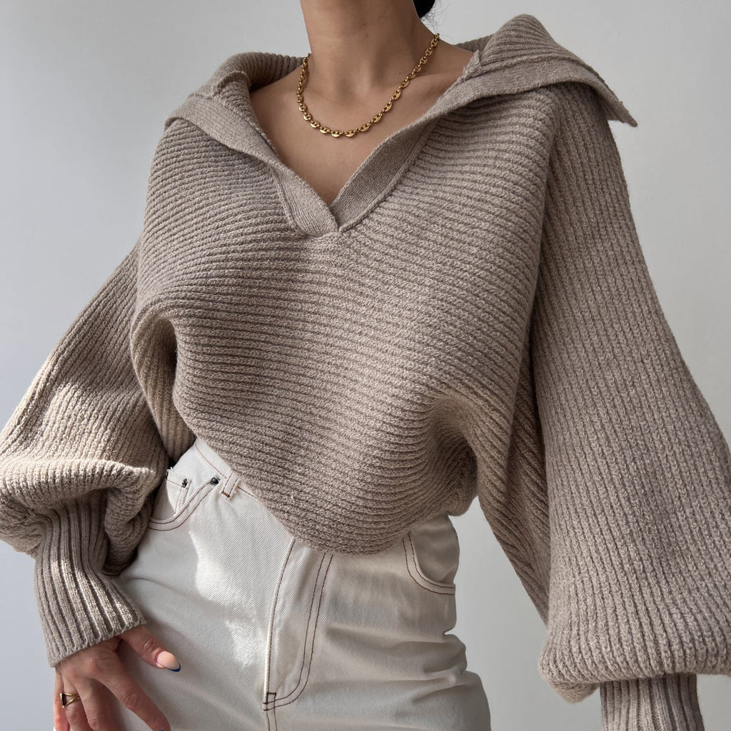 Damen nan Grobstrick-Pullover mit weitem Kragen und V-Ausschnitt