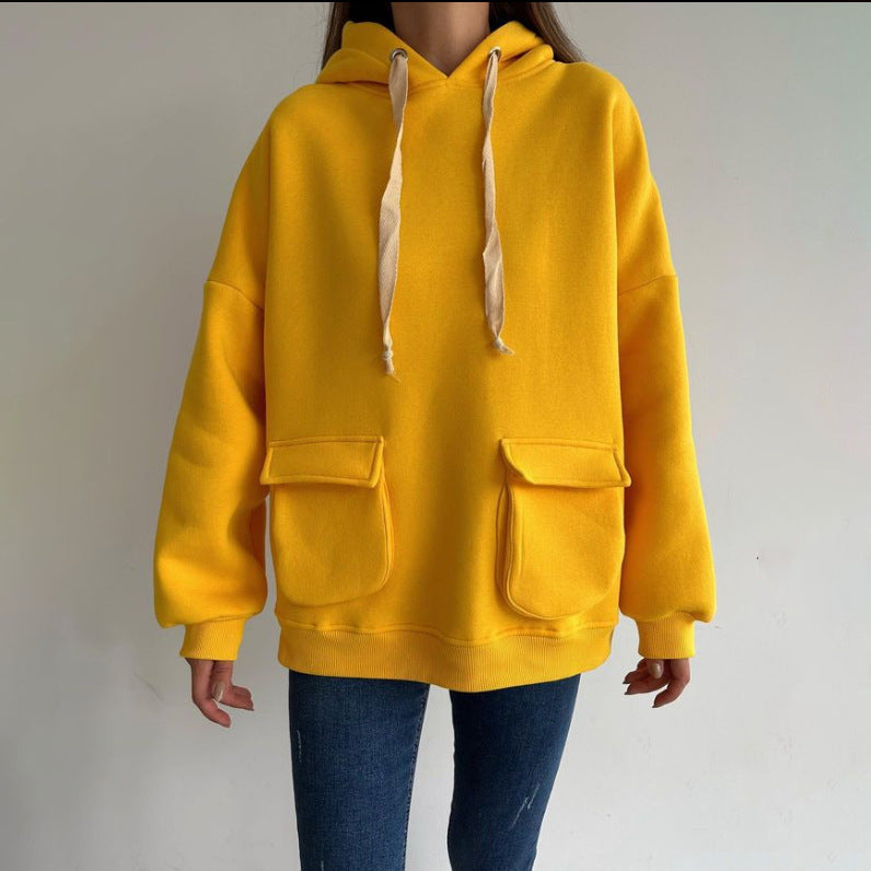Damen nan Oversize-Kapuzenpullover mit aufgesetzten Klappentaschen und extra-langen Kordeln