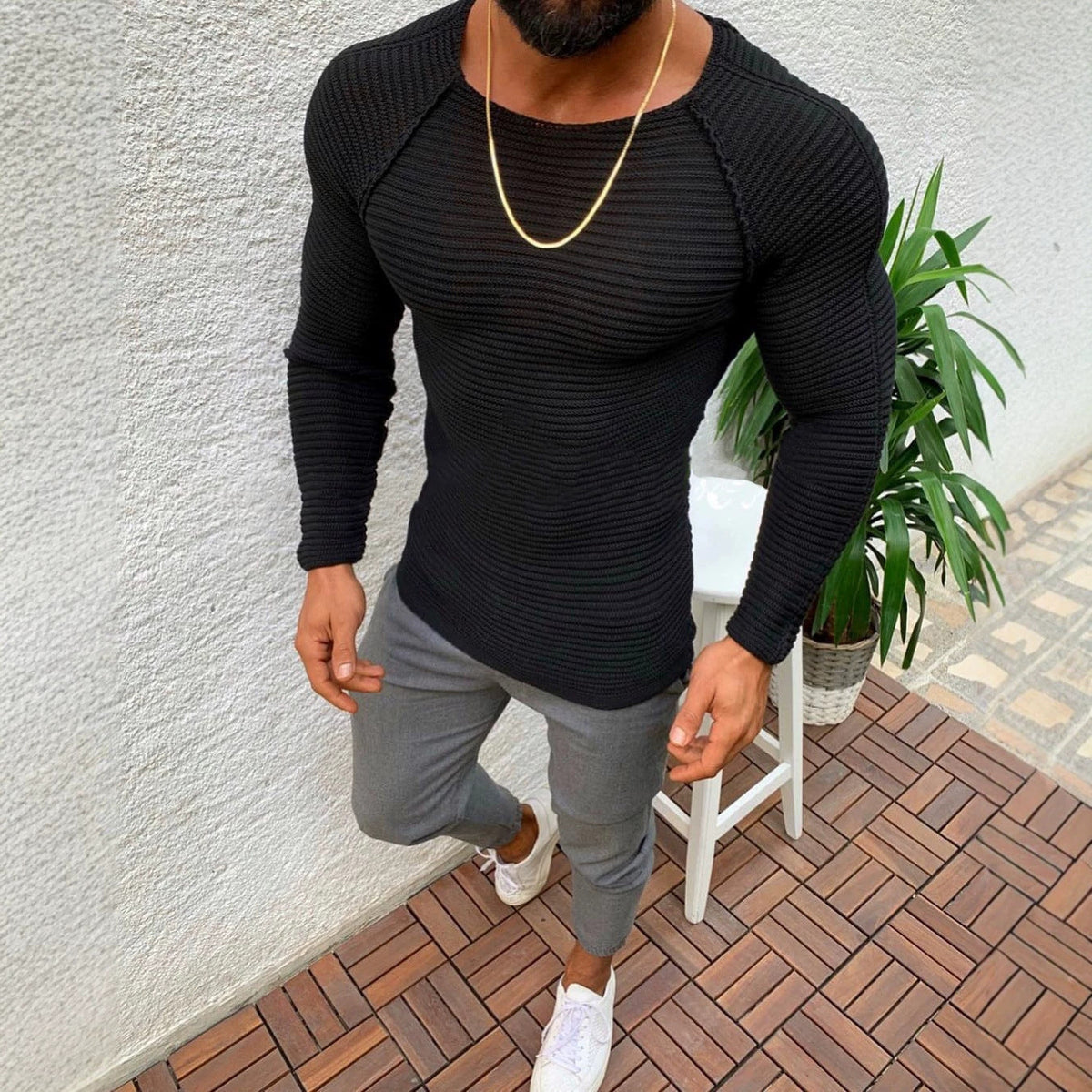 Herren nan figurbetonter Strickpullover mit Raglanärmeln und elastischer Struktur