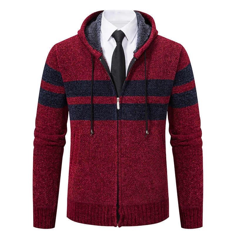 Herren nan gestrickte Kapuzenjacke mit Teddyfutter, verdecktem Reißverschluss und kontrastreifen