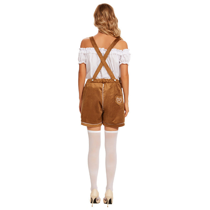 Damen nan Trachten-Latzhose Shorts mit filigraner Stickerei und verstellbaren Trägern