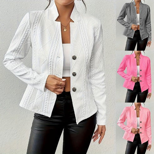 Damen nan taillierter Struktur-Blazer mit Stehkragen, Zopfmuster und dekorativen Knöpfen