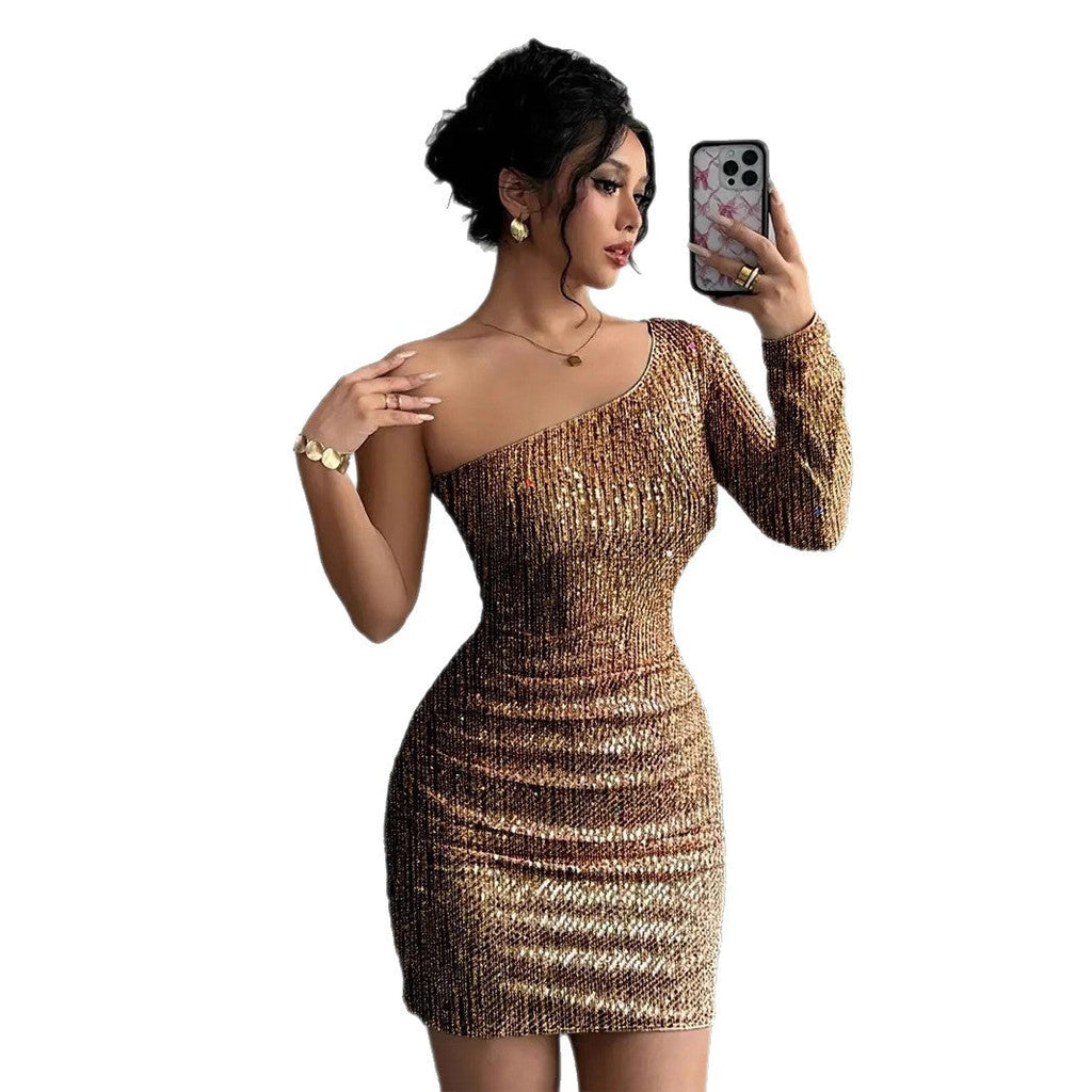 Damen Glitzerndes Cocktailkleid mit asymmetrischem Träger und Raffungen Selmira