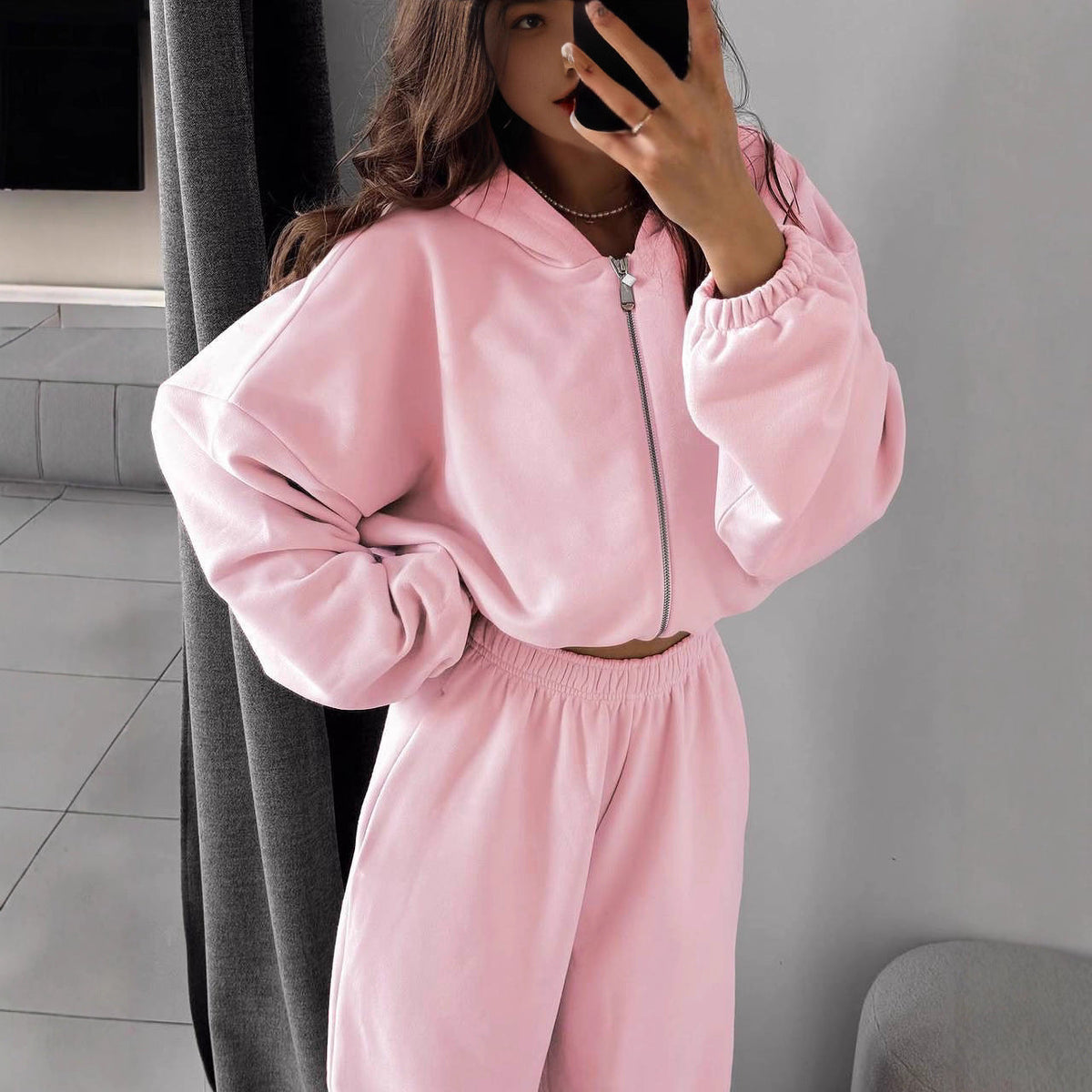 Damen nan oversized Kapuzenjacke mit durchgehendem Reißverschluss und Highwaist Gummibund-Jogginghose Set
