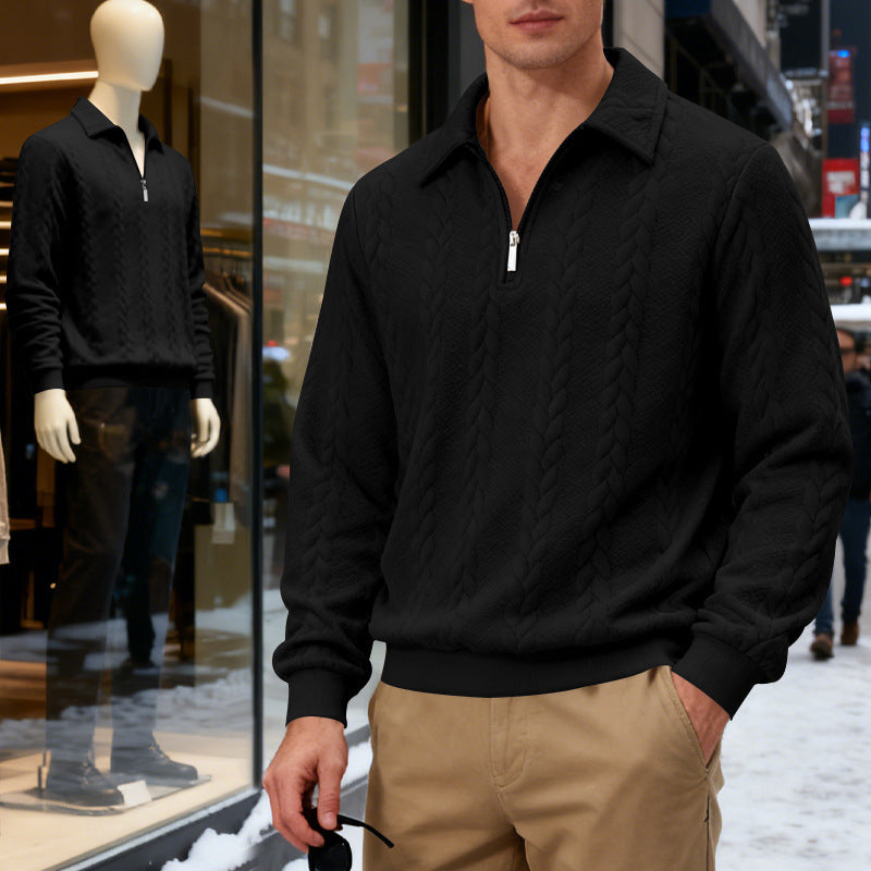 Herren nan strukturierter Strickpullover mit halbem Reißverschluss, Polokragen und Zopfmuster