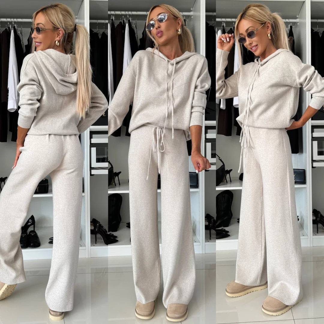 Damen nan luxuriöses Feinstrick-Loungewear-Set mit Kapuzenpullover, elastischem Komfortbund und fließendem Wide-Leg-Hosenbein