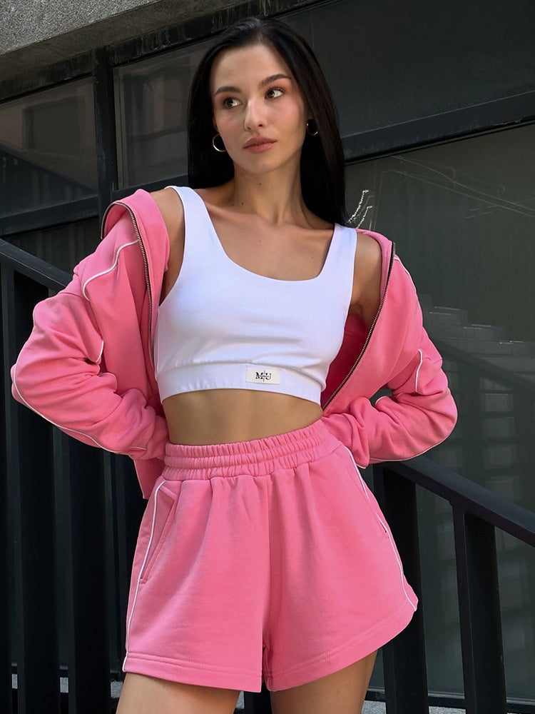 Damen nan athletischer Zweiteiler mit formendem Sportbustier, taillierter Highwaist-Sweatshorts und Zip-Hoodie