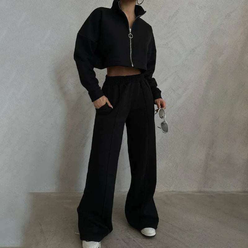 Damen nan kurzes Reißverschluss-Crop-Sweatshirt mit Stehkragen und hochtaillierter Jogginghose Set