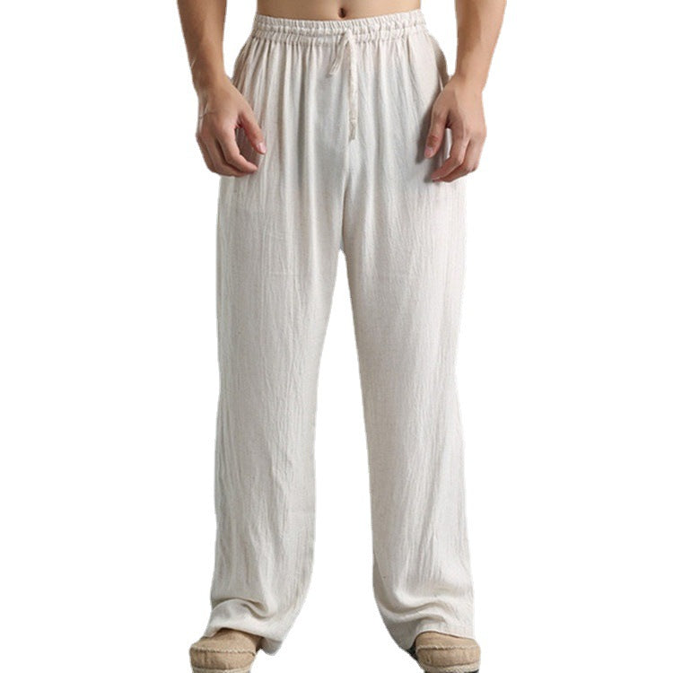 Herren nan lässige Leinenhose mit elastischem Bund, Kordelzug und geradem Bein