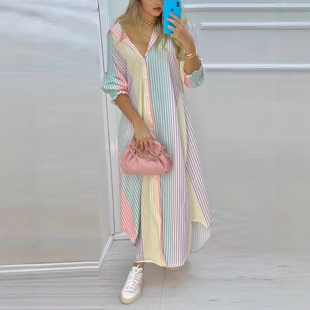 Damen nan knopfbares Maxi-Hemdkleid mit geometrischem Muster, V-Ausschnitt, Kentkragen und hohem Beinschlitz