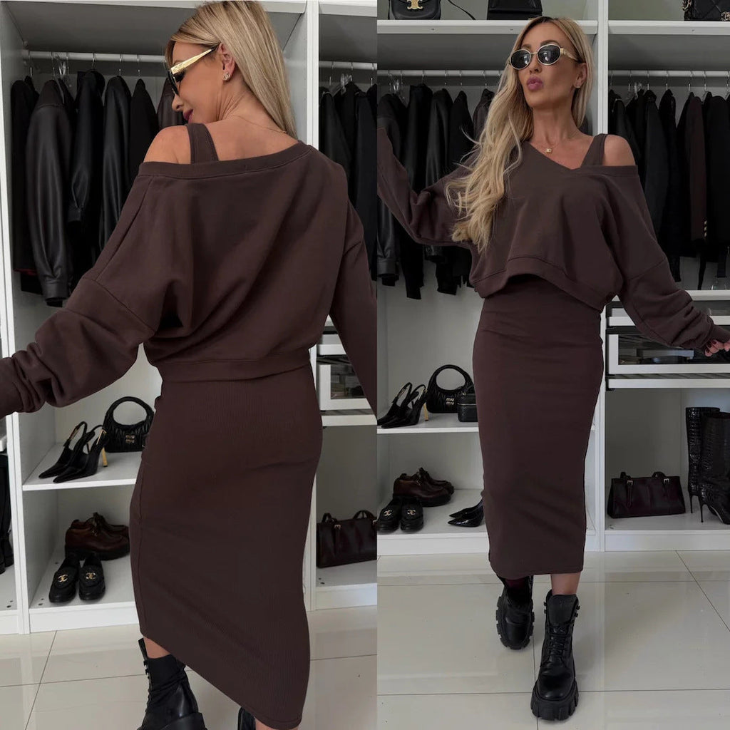 Damen nan zweiteiliges Midirock-Set mit off-shoulder Oversize-Sweatshirt und figurbetontem Bleistiftrock