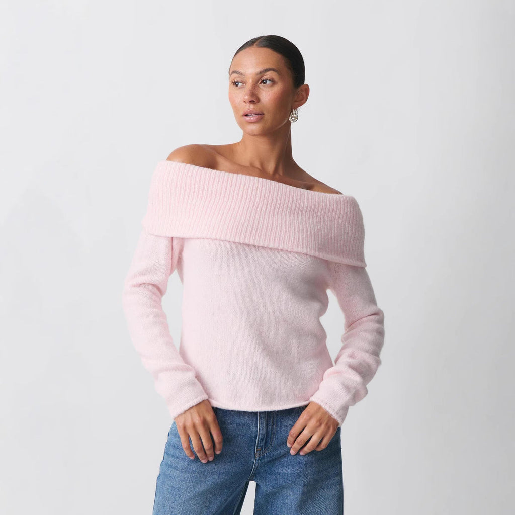 Damen nan Off-Shoulder Grobstrickpullover mit breitem Umschlagkragen und lässiger Oversize-Passform