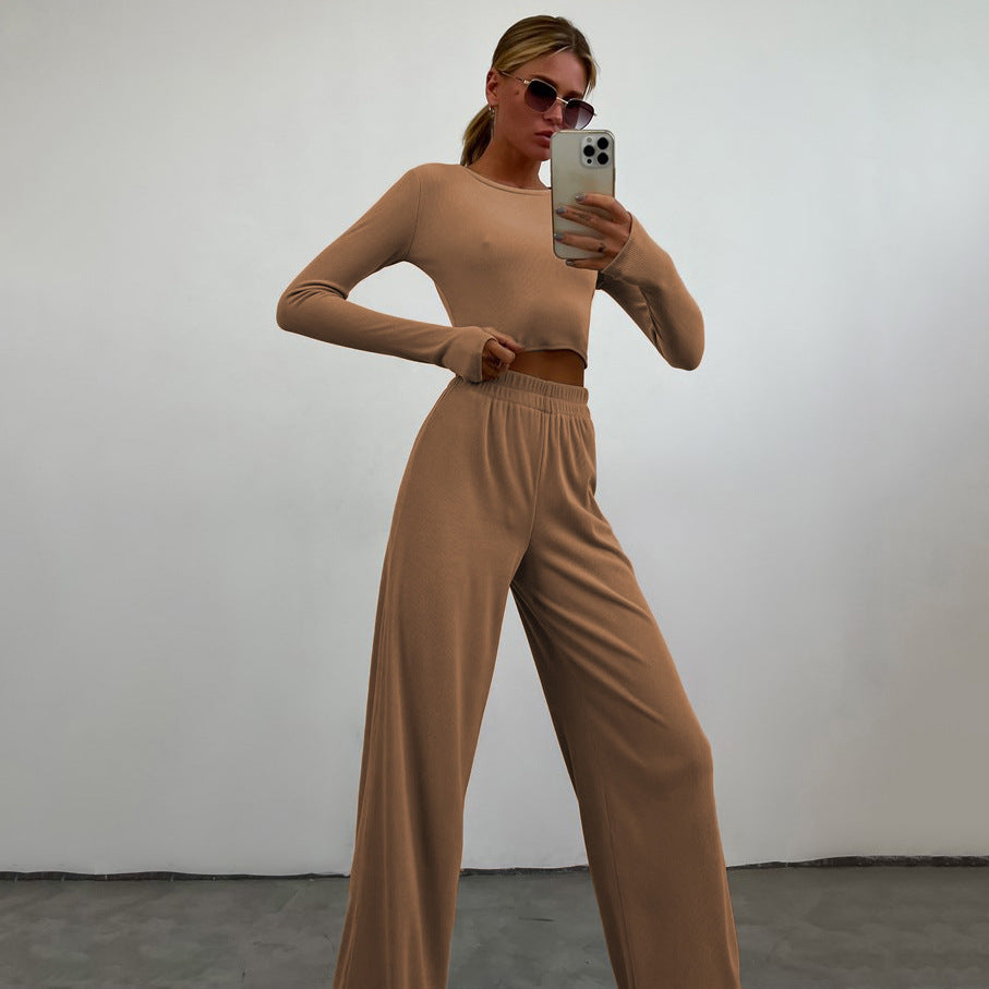 Damen nan geripptes Cropped-Longsleeve mit weiter High-Waist-Loungehose Set