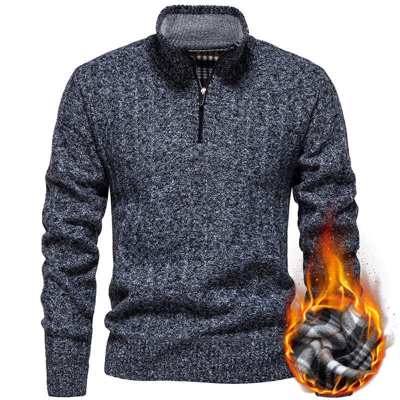 Herren nan gerippter Troyer-Pullover mit Halbzip, Zopfmuster und wärmender Innenverarbeitung