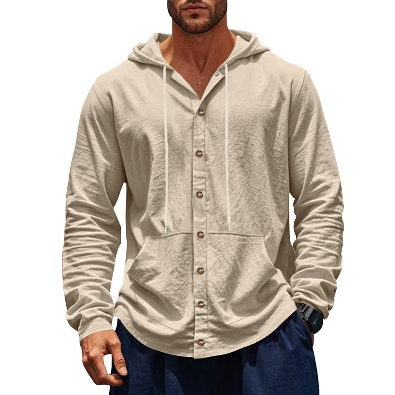 Herren nan figurbetonte Kapuzenhemd-Jacke aus Baumwollmix mit Druckknopfleiste und Kängurutasche