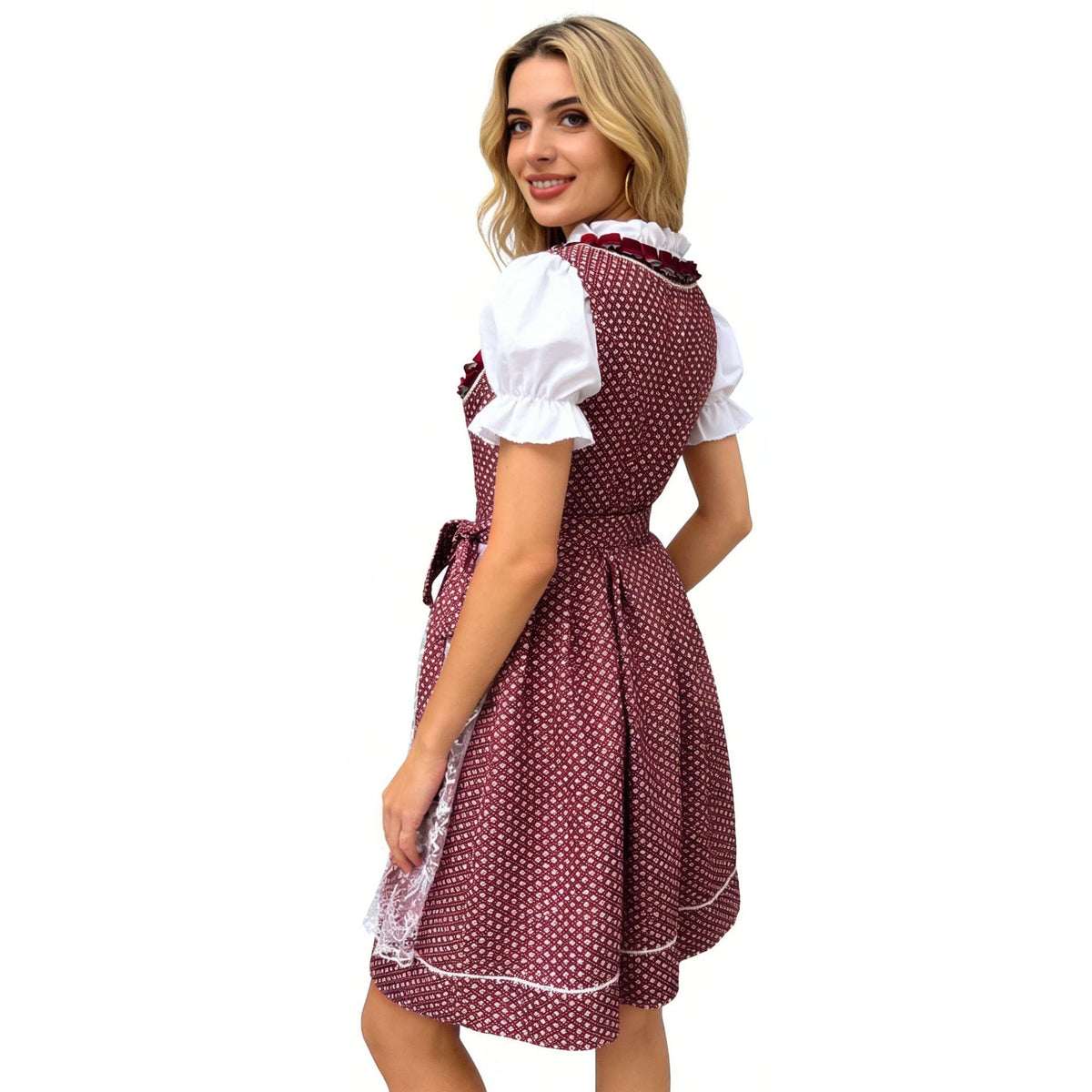 Damen nan traditionelles Dirndlkleid mit Herzausschnitt geschnürter Taille und Spitzen-Schürze