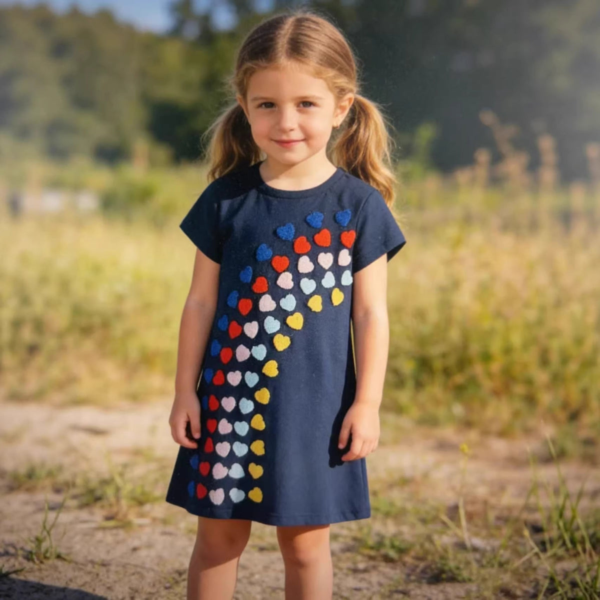 Mädchen T-Shirt Kleid mit buntem Herz-Stickdesign