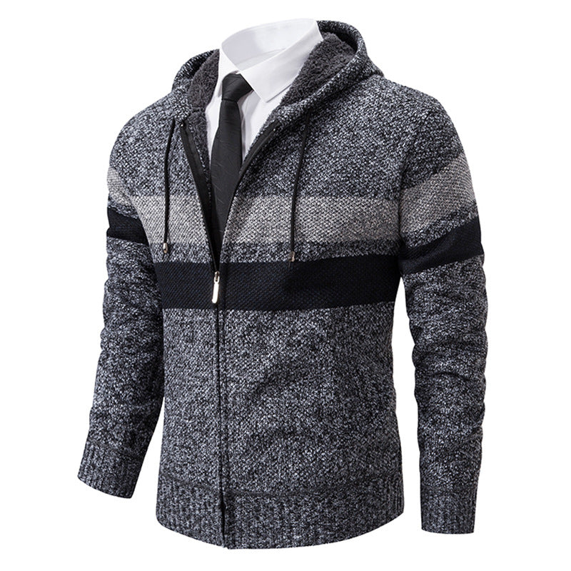 Herren nan gefütterte Kapuzen-Strickjacke mit Teddyfutter, durchgehendem Reißverschluss und kontrastierenden Streifen