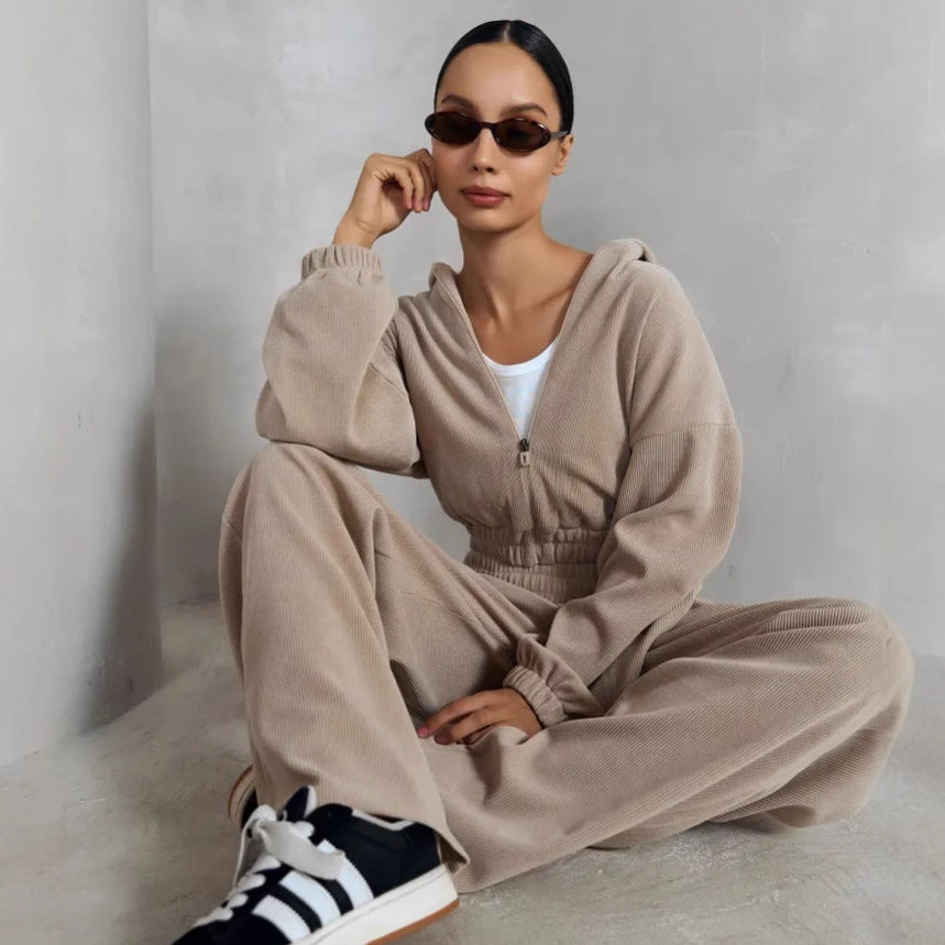 Damen nan kurzes Kapuzen-Loungewear-Set mit durchgehendem Reißverschluss, elastischem Komfortbund und gerippter Struktur