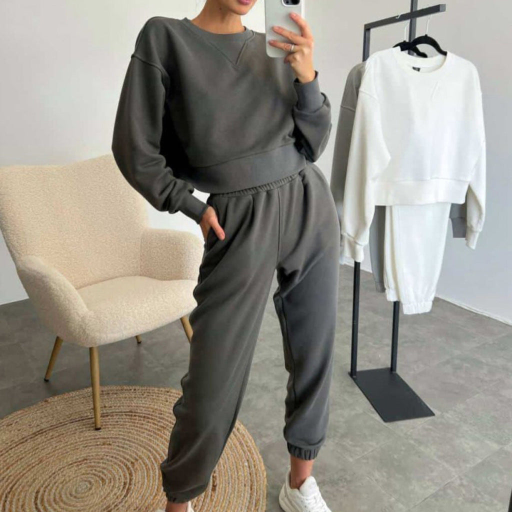 Damen nan Cropped-Sweater-Set mit V-Nahtdetail und hoher Taille Jogginghose