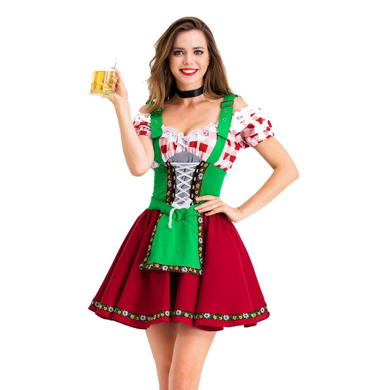 Damen nan Party-Dirndl Minikleid im Oktoberfeststil mit verstellbaren Trägern, Spitzenbesatz und bestickter Schürzenapplikation