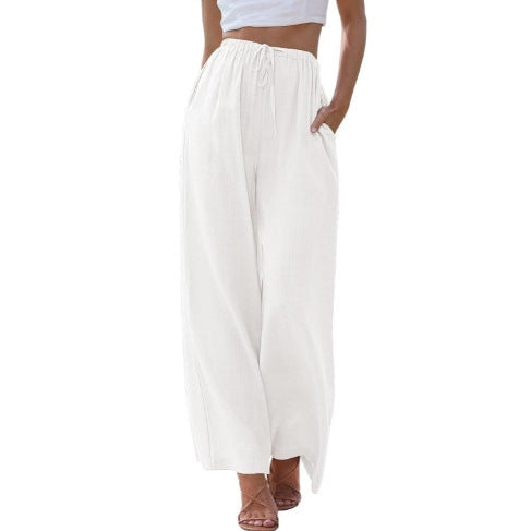 Damen nan weite Leinenhose mit elastischem Bund Kordel und Seitentaschen