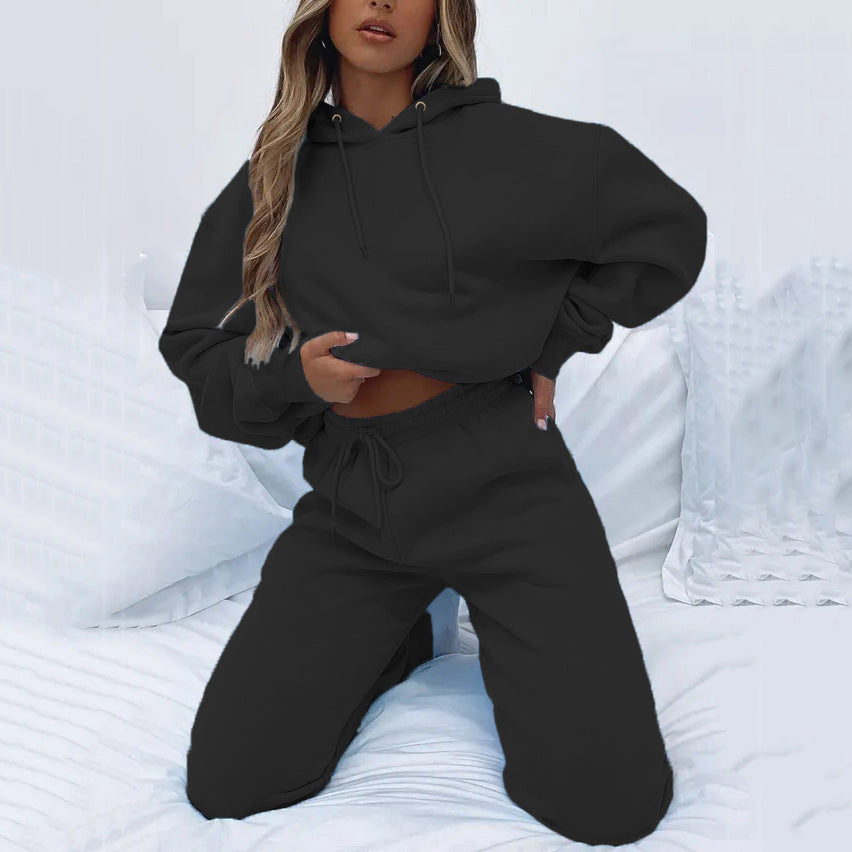 Damen nan Cropped Kapuzenjacke und High-Waist Jogginghose Set aus French Terry mit elastischem Bund