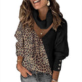 Damen nan gerippter Pullover mit Schalkragen und asymmetrischem Leo-Print-Panel sowie dekorativen Ärmelknöpfen