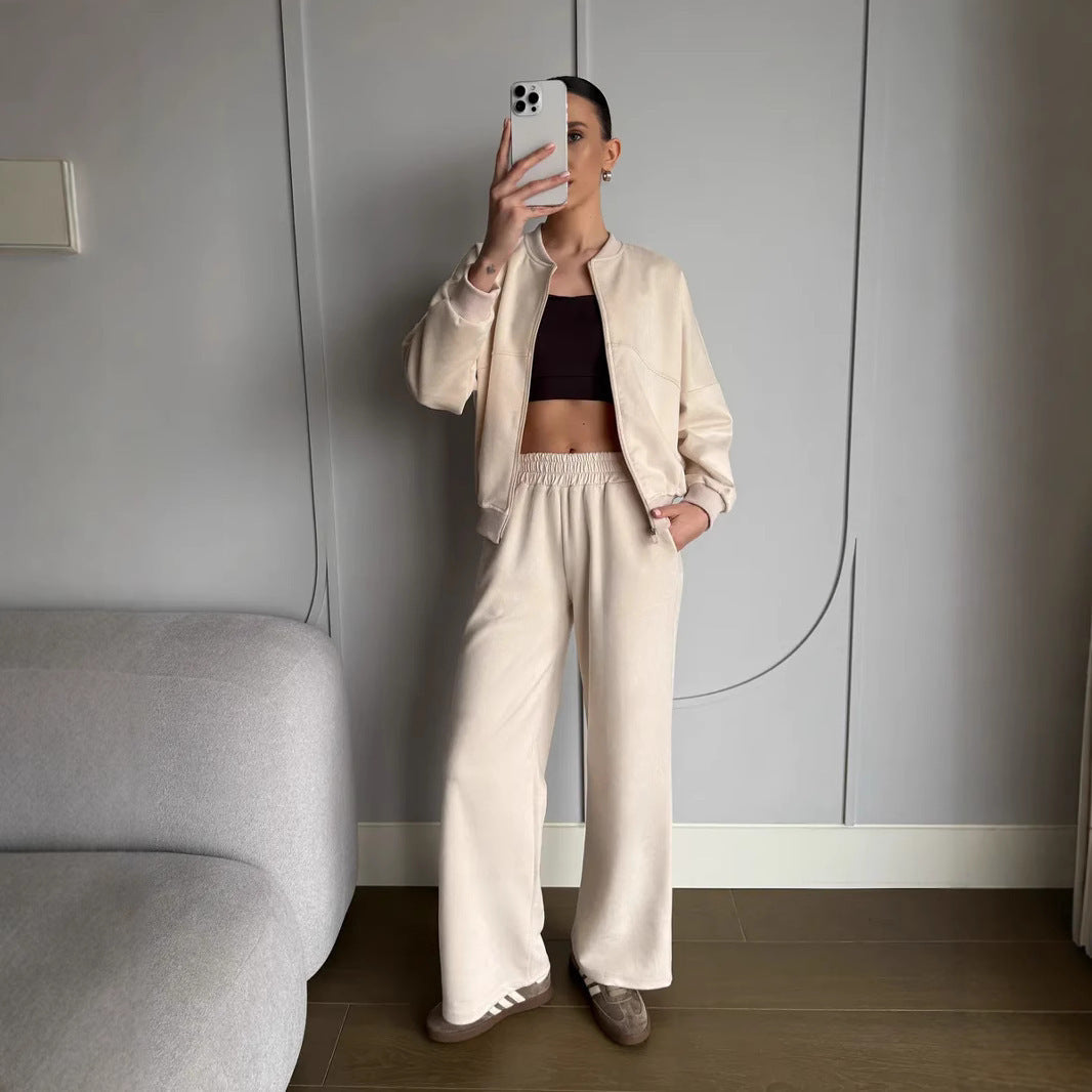 Damen nan zweiteiliges Velours-Loungewear-Set mit kurzem Zip-Hoodie und weiter Highwaist-Hose